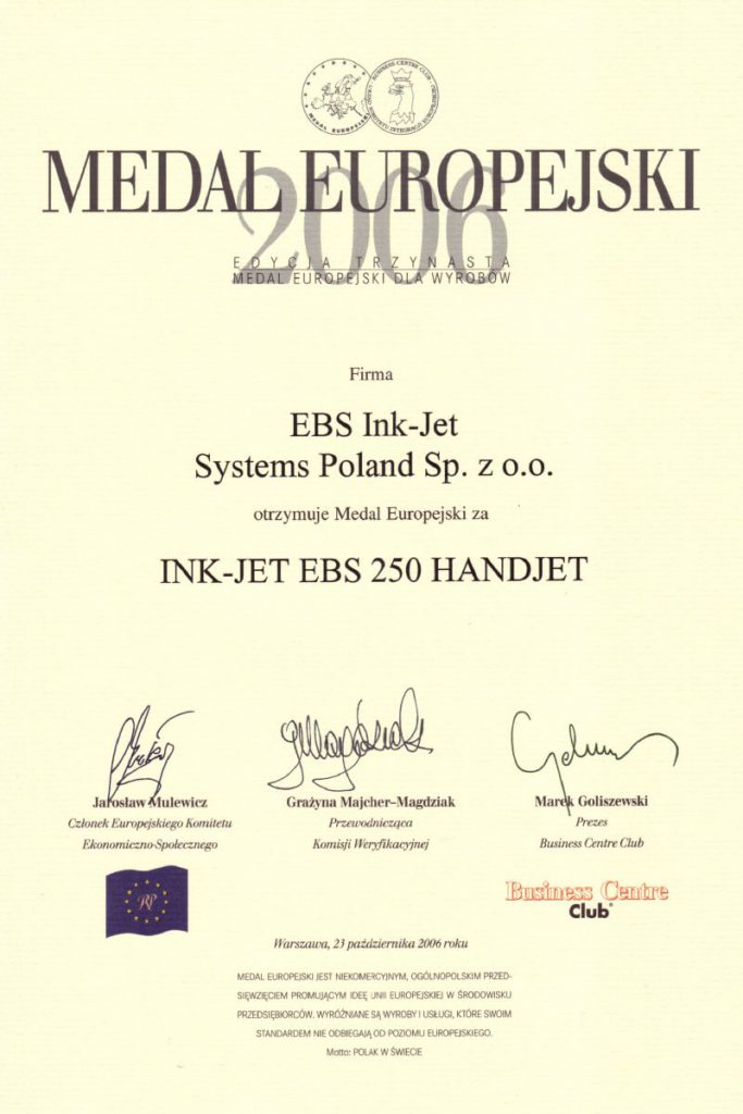 Profil firmy - Profil firmy certyfikaty ebs 0004 EBS 250 Medal europejski dyplom 2006 PL300dpi kolor